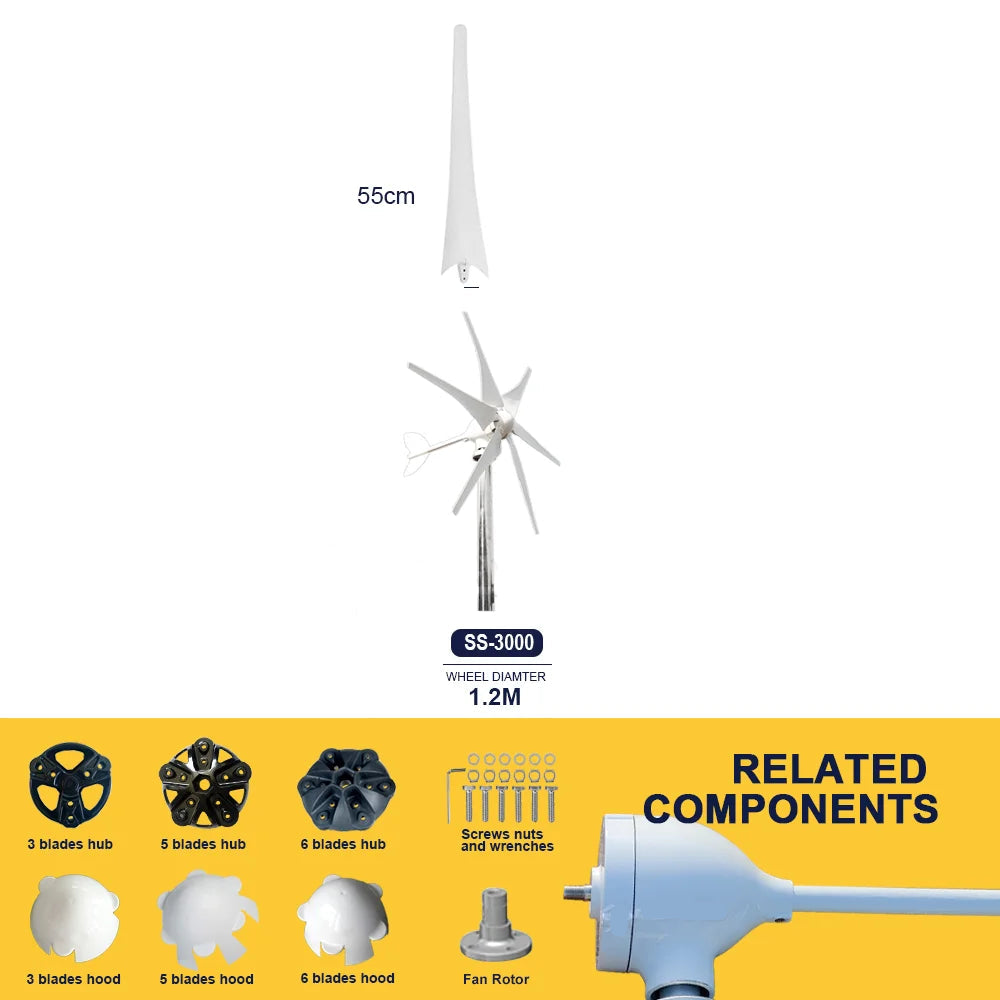 Windturbine - Windmolen - Windturbine Generator - Windenergie - 5000W - 48V - met LCD Hybird Control - 6 Messen - Stille en Efficiënte Energieoplossing - voor Thuisgebruik