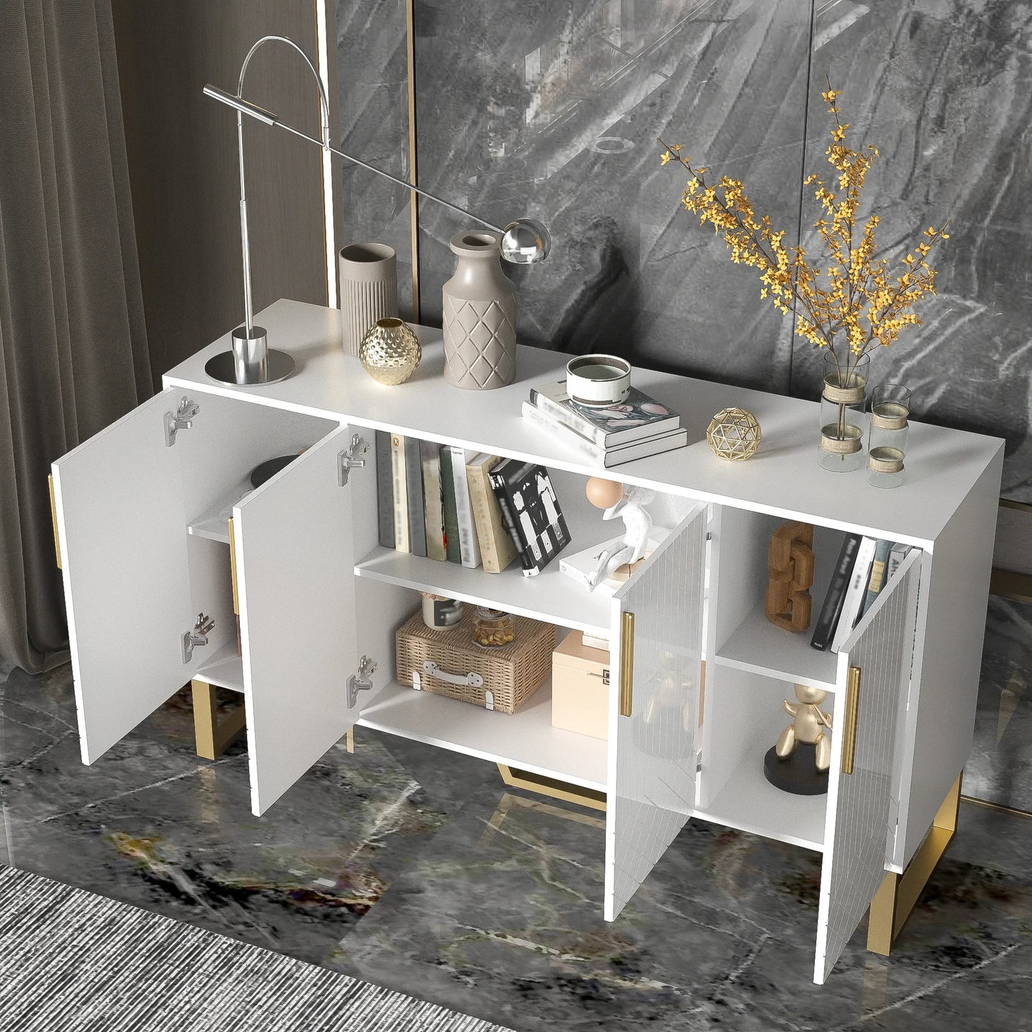 Woonkamerkast – Dressoir – Opbergkast – Sideboard – Ladekast – Hoogglans Wit – 4 Deuren Met Metalen Handgrepen – Afmetingen 140x80x40 cm