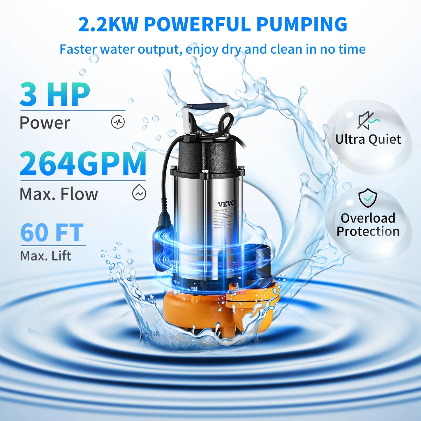 Vevor - Waste water pump - Submersible pump - Clean water pump - 2200W 3HP for pumping water from swimming pools, basements and hot tubs - Silver