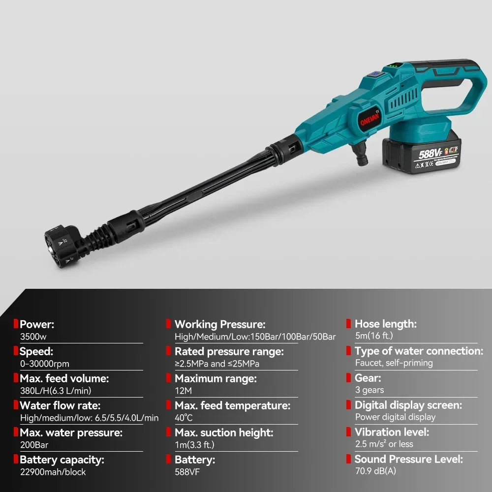 Hogedrukreiniger Accu - 200Bar - Hogedrukspuit - Draadloze 3500W - Krachtige Waspistool - met 6-in-1 Nozzle - Compatibel met 18V Accu - Zonder Accu