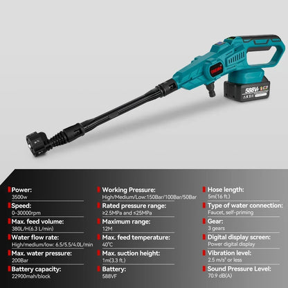 Hogedrukreiniger Accu - 200Bar - Hogedrukspuit - Draadloze 3500W - Krachtige Waspistool - met 6-in-1 Nozzle - Compatibel met 18V Accu - 1 Accu's met 1 Lader - QUORE