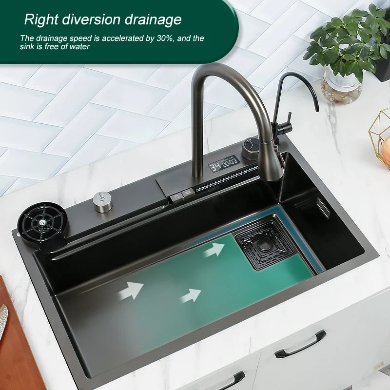 Stainless Steel Kitchen Sink Digital Display Large Single Slothotel Multifunction Wash Basin With Waterfall Faucet   Apartment