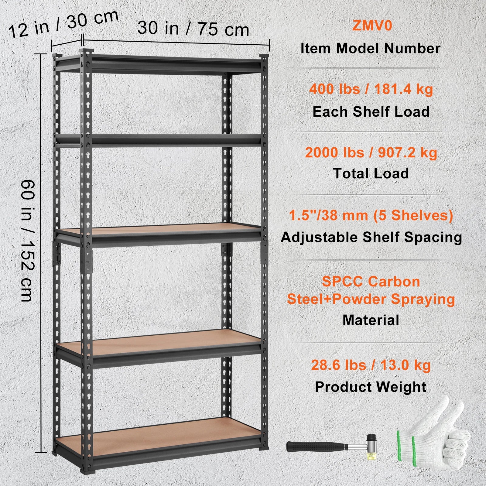 Opslagrek Metaal - Metalen Stellingkast - 5 Laags - Heavy Duty - Verstelbare Planken - Industriële Opbergrek - Voor Garage - Keuken - Magazijn - 12 x 30 x 60inch - QUORE