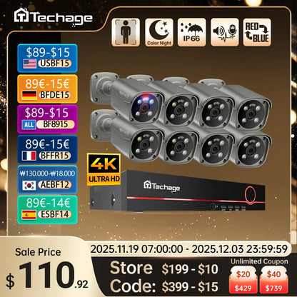 Techage H.265 8CH 5MP 8MP 4K POE Camera System AI Full Color Night VIsion Face Detection CCTV Video Security Surveillance Kits - QUORE