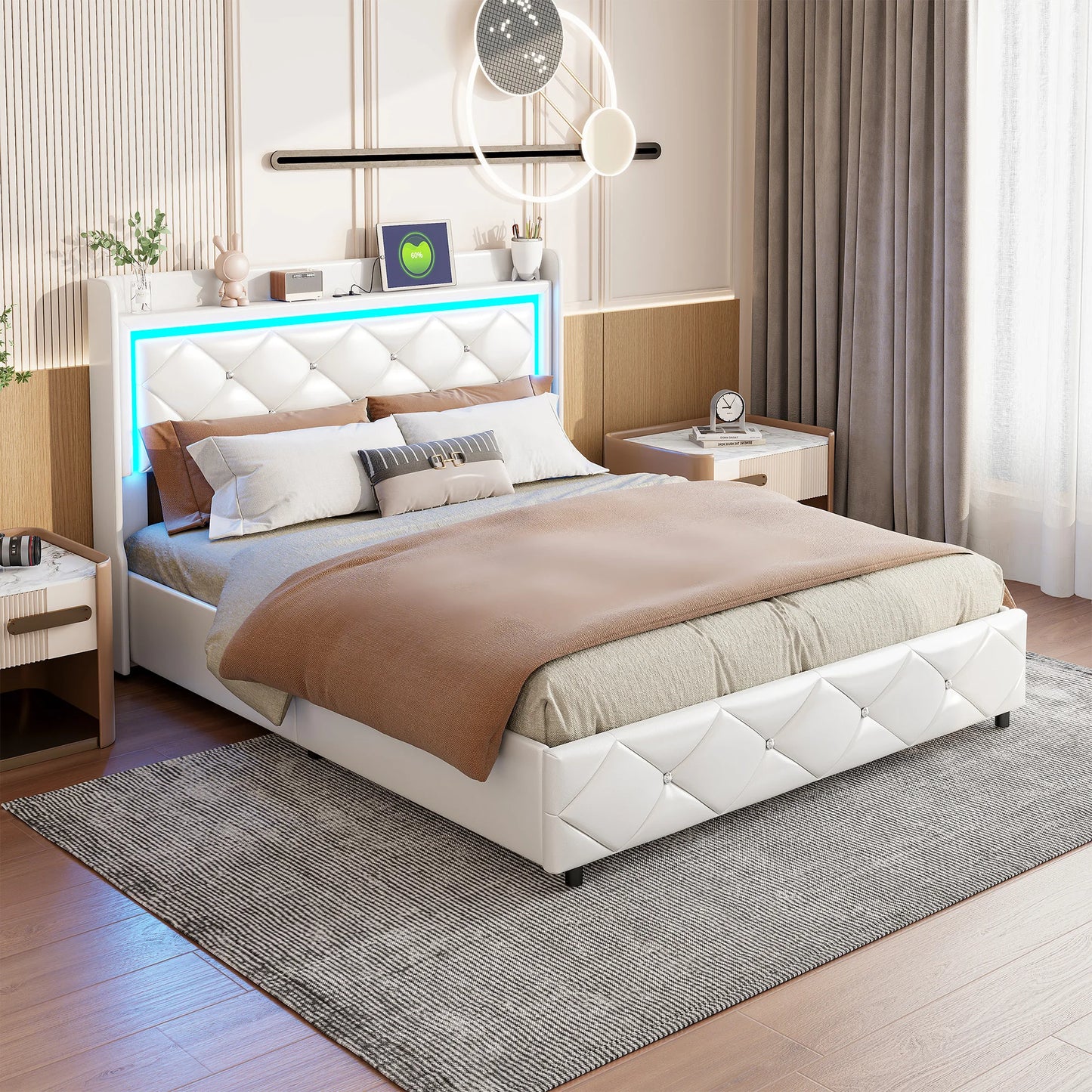 Opbergbed – Hydraulisch Bed – Gestoffeerd Bed – Bed Met Opbergruimte – Kunstleer Bekleding – LED-Verlichting - 160 x 200 - Wit