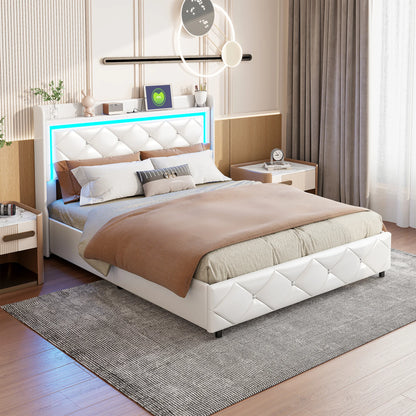 Opbergbed – Hydraulisch Bed – Gestoffeerd Bed – Bed Met Opbergruimte – Kunstleer Bekleding – LED-Verlichting - 160 x 200 - Wit