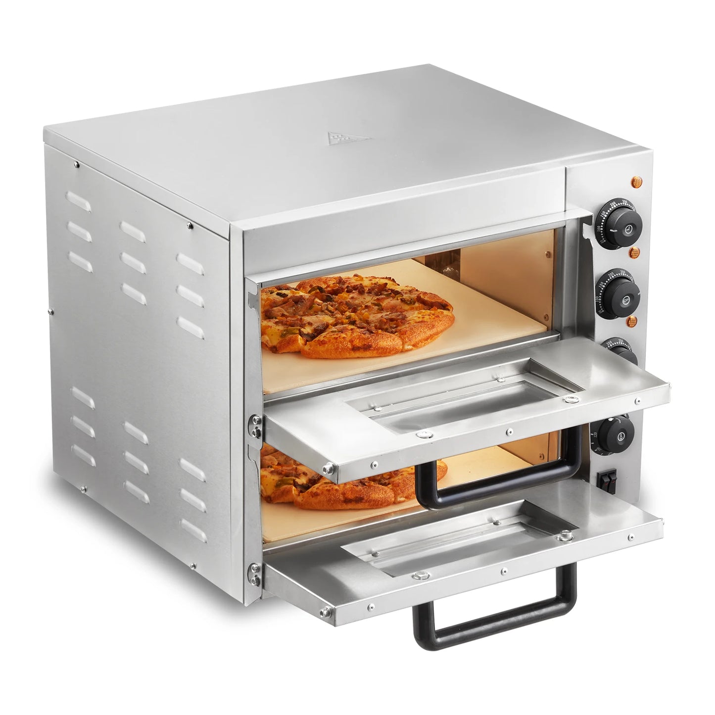 Pizzaoven - Elektrische Pizzaoven - Multifunctionele Pizzamaker - Dubbeldekslaag - met Steen - Handvat - 14inch - 52 x 43 x 43 cm - Zilver