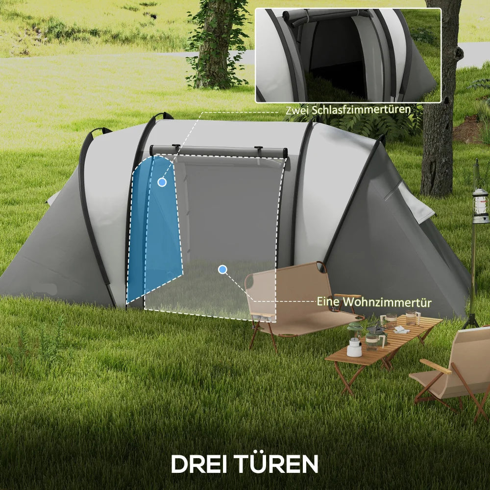 Tent – Familietent – Kampeertent – Tunnelvormige Tent – 4-5 Personen – Waterdicht 3000 Mm – Twee Aparte Slaapcabines - 450 x 220 x 180 cm - Donkergrijs