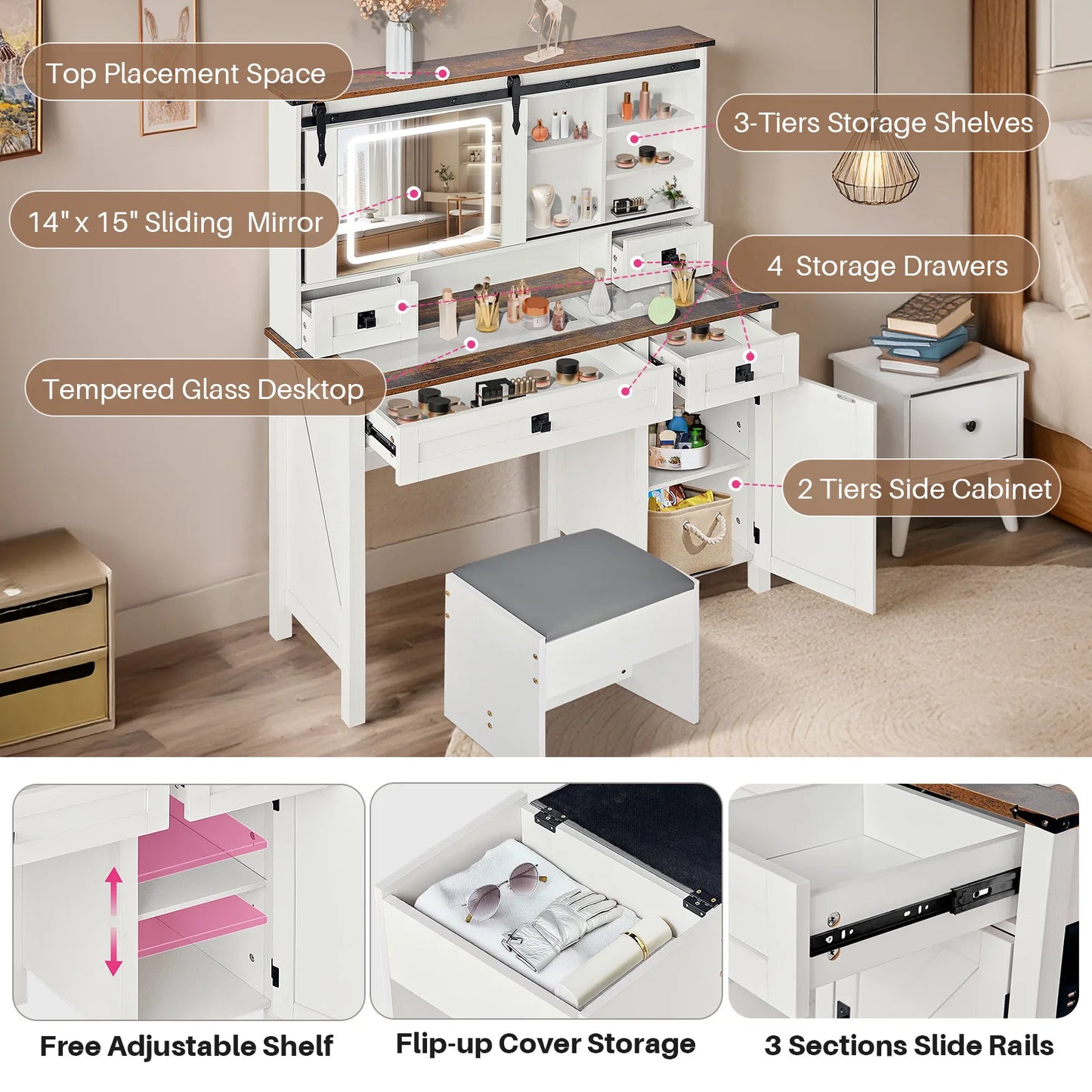 Make-Up Tafel – Kaptafel – Beautytafel – Schminktisch – Lade Meubel – Glazen Tafelblad – Instelbare LED-Verlichting - 46 x 15.4 x 54 inch