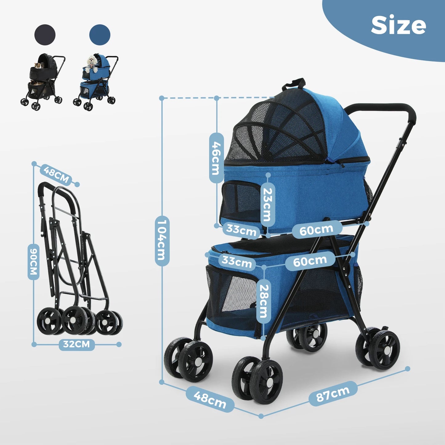 Double Pet Stroller for 2 Small Dogs or Cats Foldable Dog Stroller for Travel Walking Folding Cat Stroller with Safety Belt
