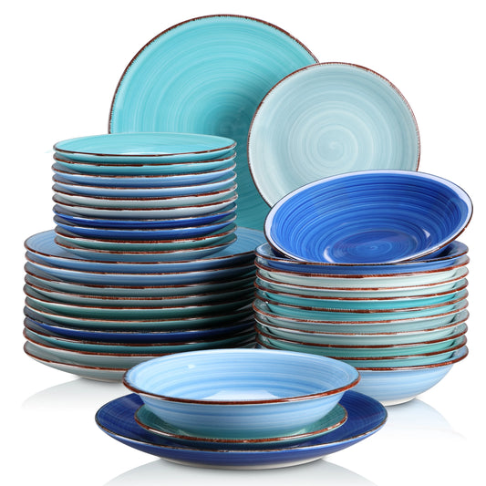 Tableware - Tableware set - 36 Piece Plates - Soup Plates - Dessert Plates - Earthenware Service for 24 persons - Bonita Blue