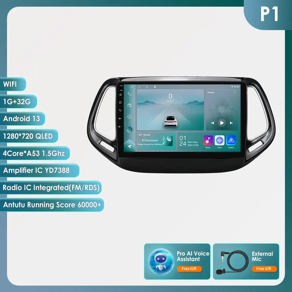 Multimediasysteem Jeep Compass – Autoradio – Navigatiesysteem – Carplay – Android 14 – 9 inch touchscreen – 4-core processor – 32 GB opslag – Plug & Play - QUORE