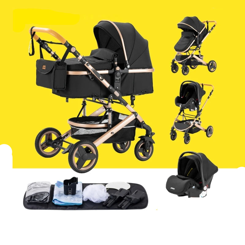 Kinderwagen - Kinderwagen 3 in 1 - Stroller - Opklapbare Wandelwagen - Luxe Kinderwagen - 3-in-1 Luxe Kinderwagen – Draagbare Reiswieg, Inklapbaar, Aluminium Frame voor Pasgeborenen