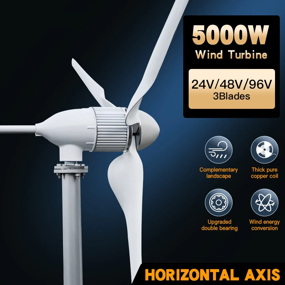 Windturbine – Horizontale Turbine – Windgenerator – Duurzame Energie – 5000W – Aluminium Behuizing - 48V - LCD Hybride Regelaar