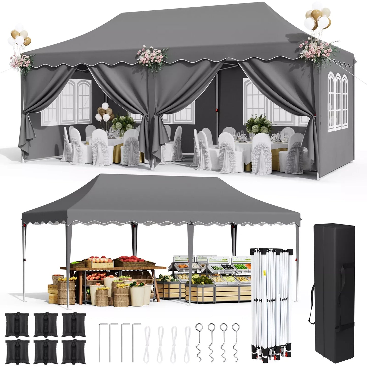 Tuinpaviljoen - Partytent - Partytenten - Paviljoen - Easy up Partytent - 3x6m - Waterdicht - Opvouwbare - Heavy-Duty - Inclusief 6 Zijpanelen – UV 50+ Bescherming - Grijs