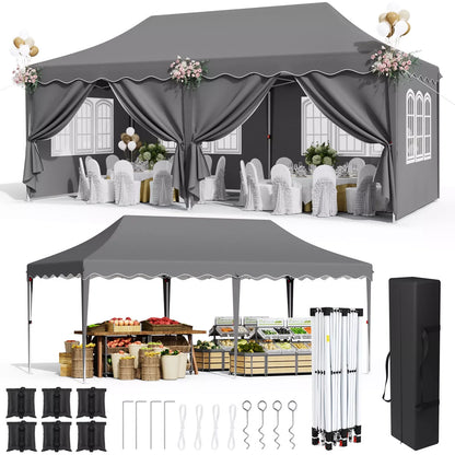 Tuinpaviljoen - Partytent - Partytenten - Paviljoen - Easy up Partytent - 3x6m - Waterdicht - Opvouwbare - Heavy-Duty - Inclusief 6 Zijpanelen – UV 50+ Bescherming - Grijs
