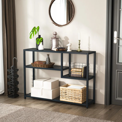 Sidetable - Smalle tafel - Smalle kast - Vakkenkast - Industrieel - Hout en Metaal - 110x30x85cm - Zwart