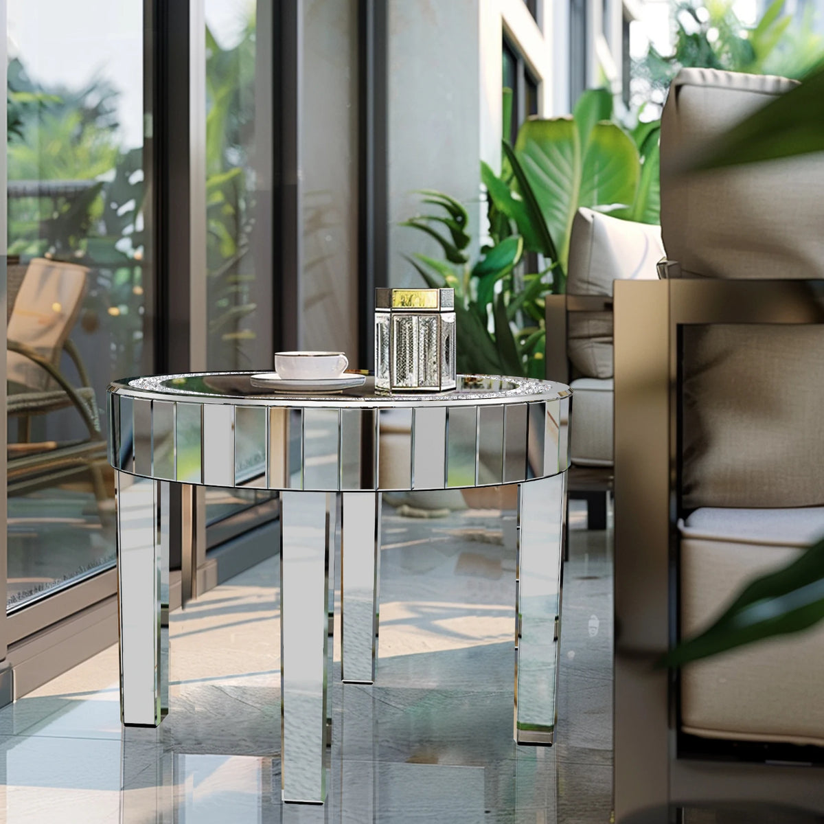 Ronde Bijzettafel - Ronde Salontafel - Tafel - Spiegeldesign - Zilveren Glazen - Luxe Afwerking - Kristallen Pootjes - Woonkamer - Slaapkamer - Zilver