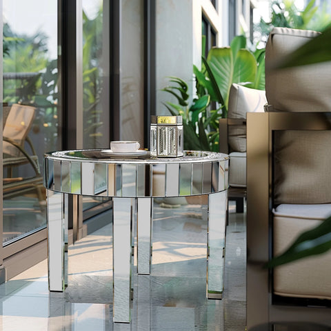 Ronde Bijzettafel - Ronde Salontafel - Tafel - Spiegeldesign - Zilveren Glazen - Luxe Afwerking - Kristallen Pootjes - Woonkamer - Slaapkamer - Zilver