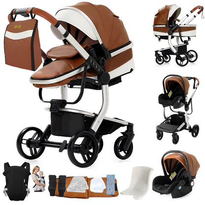 3 in 1 Baby Stroller Leather Waterproof Travel System Pushchair Reclining Seat Infant Carriage with Car Seat High Landscape Baby