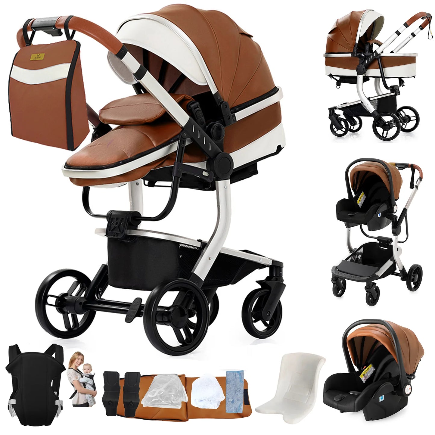 3 in 1 Baby Stroller Leather Waterproof Travel System Pushchair Reclining Seat Infant Carriage with Car Seat High Landscape Baby