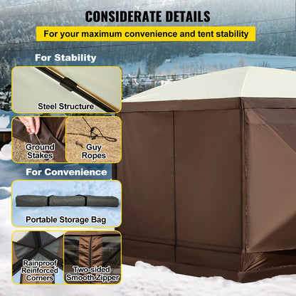 Pop-up Tent - Tent - Kampeertent - Pop-up Tenten - 6 Zijden Canopy - Sun Shade - 12 x 12 ft - voor Buiten Kamperen - Hiking - Bruin