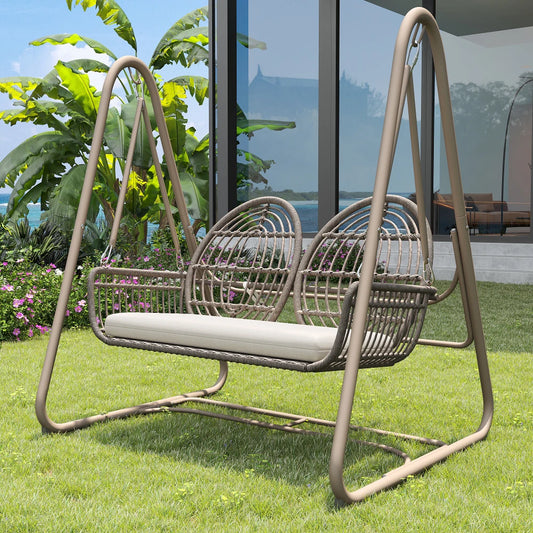 Tuinschommel - Dubbele Schommelbank - Schommelstoel - Tuin - Schommel - 2 Personen - Buiten/Binnen - met Rugleuning – PE Rattan & Metalen Frame – Beige