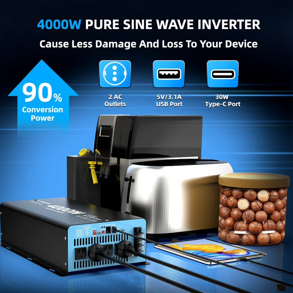 Zuivere Sinusomvormer – 4000W Omvormer – Camping Omvormer – Noodstroom – Bouwstroom – 8000W Piekvermogen – Aluminium Behuizing - 50Hz - 12V - QUORE
