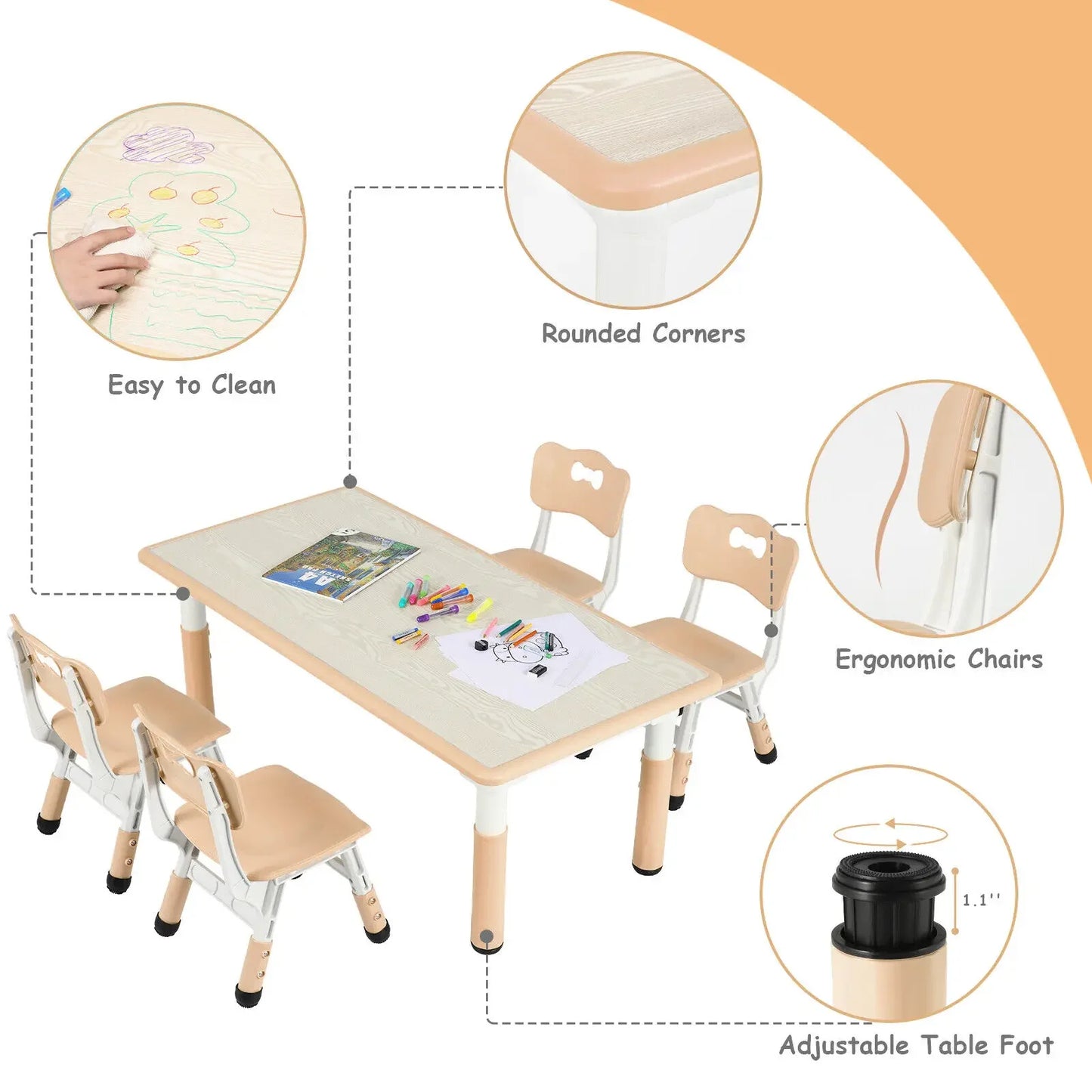 Kindertafel Set – Kinderbureau – Speeltafel – Kindermeubel – Studieplek – Verstelbare Hoogte – Duurzaam Kunststof Kaki