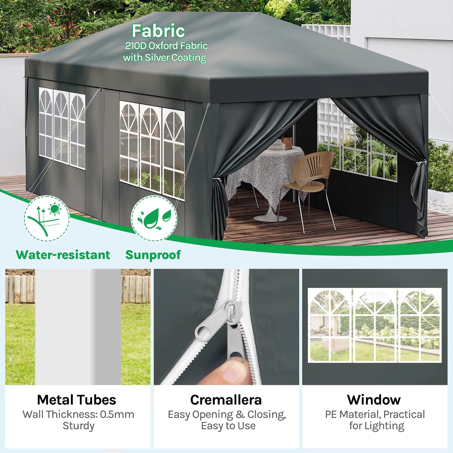 Tuinpaviljoen – Partytent – Tuitent – Overkapping – Waterdicht Oxford Doek – Pop-Up Systeem - 3x6 Meter – Antraciet