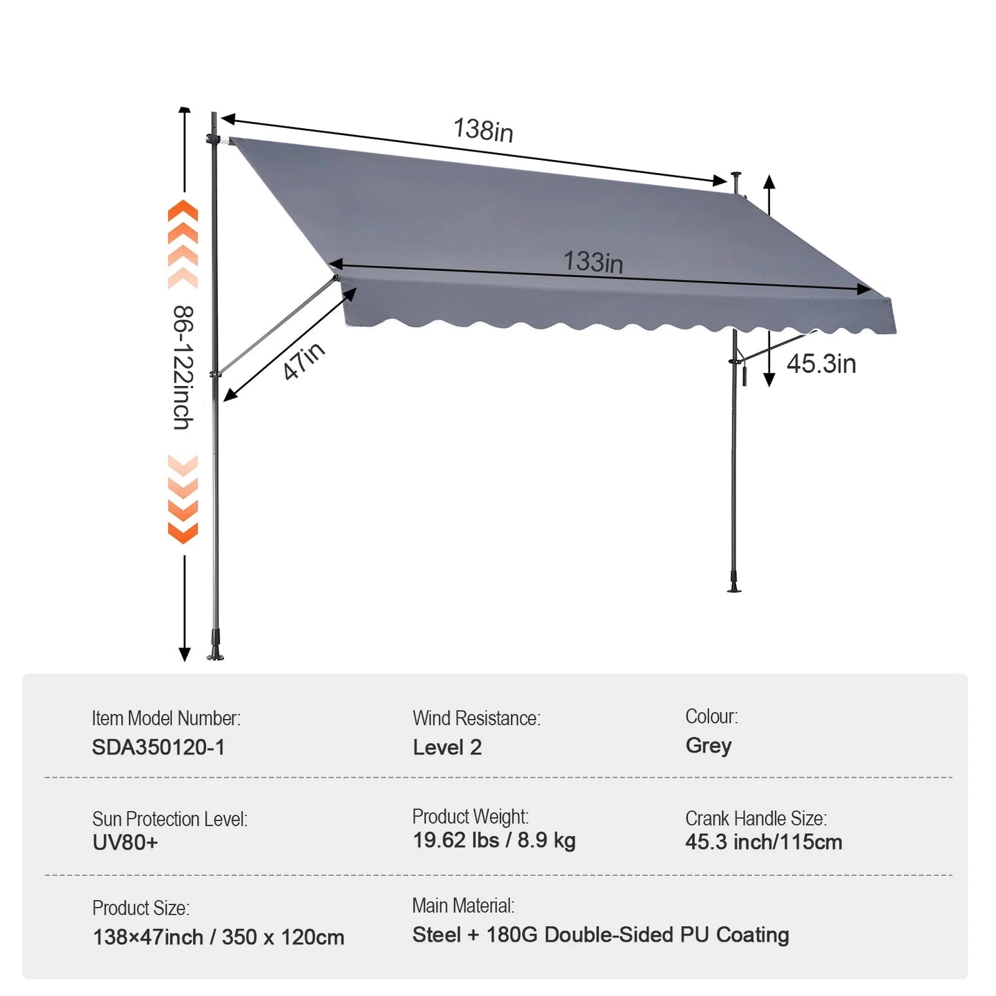 Klemluifel - Balkonluifel - Zonneluifel - Terras-luifel - Waterdicht UV80+ Bescherming - Aluminium Frame - Handzwengel - Buiten - 138x47inch - voor Balkon - Tuin - en Terras