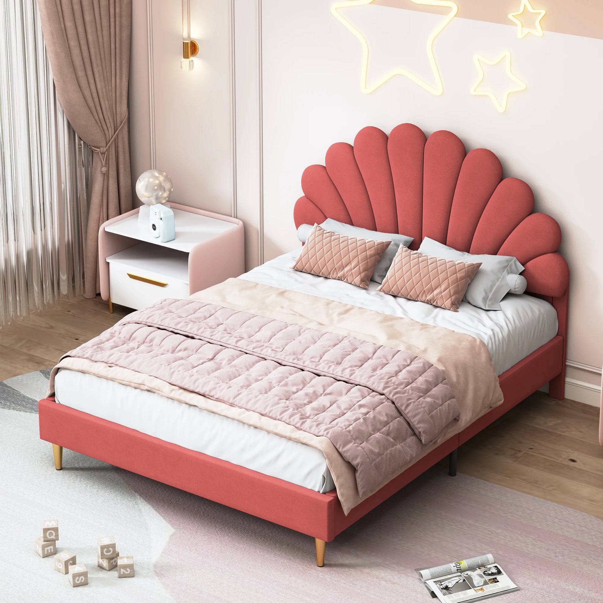 Bedbank – Kinderbed – Slaapbank – Tweepersoonsbed – Gestoffeerd Bed – 140x200 cm – Fluwelen Bekleding – Bloemvormig Hoofdbord - QUORE