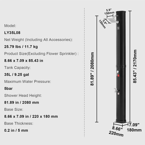 Outdoor Shower - Garden Shower - Solar Outdoor Shower - Solar Water Heater Outdoor Shower - Shower Kit with Head and Foot Tap Double Buckle - Outdoor Backyard Pool Beach Spa - 35L