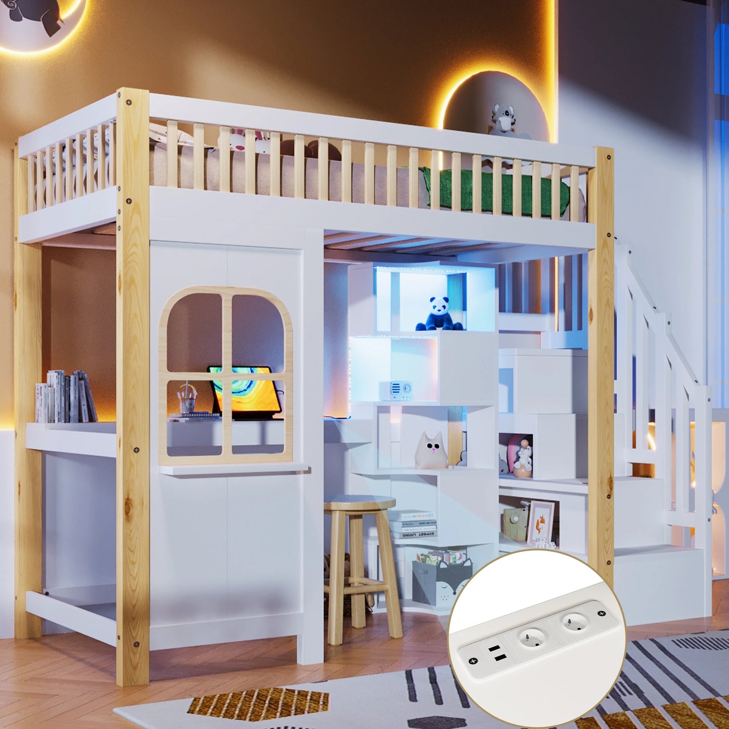 Hoogslaper – Kinderbed – Stapelbed – Bedframe – Huisvormig Bed – 90x200 cm – Massief Hout – Veel Opbergruimte Met Kastjes En Trap