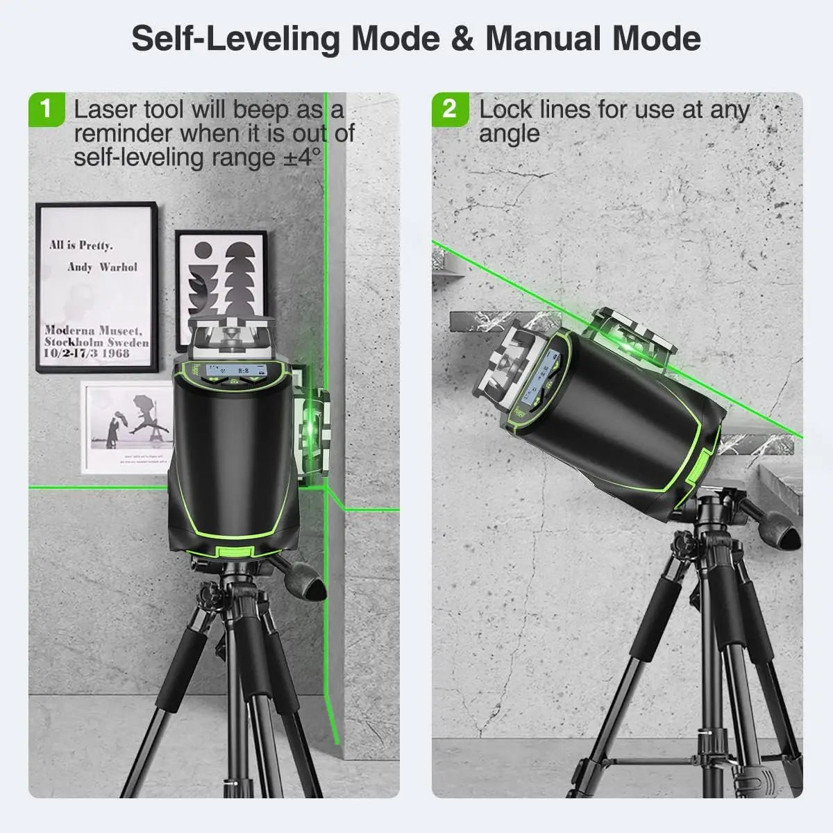 3D Cross Line Laser Waterpas – Zelfnivellerende Laserwaterpas – Groen Laserniveau – Bouwlaser – Bluetooth Connectiviteit – IP54 Bescherming - met Ontvanger - Statief - Adapter - Afstandsmeter