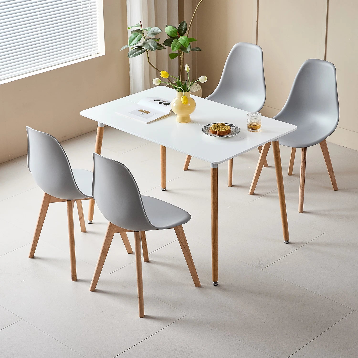 Rectangle Dining Table Set and 4Pcs Nordic Medieval Style Dining Chairs w/Wooden legs for Living Room Dining Room Kitchen White - QUORE