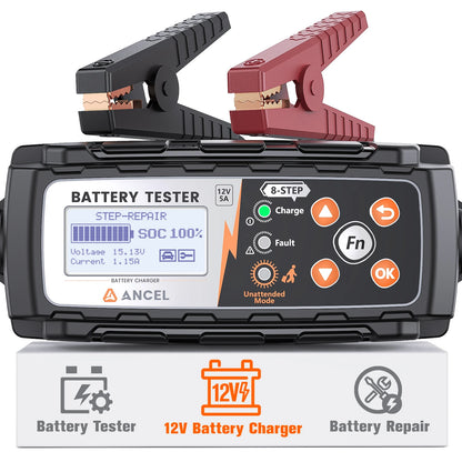 Acculader 12V – Batterijlader – Accu Tester – Accu Onderhoud – 8-Stappen Laadproces – IP65 Waterdicht – Automatische Herstelfunctie