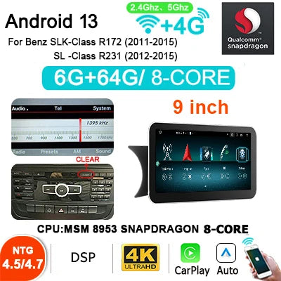Multimedia Speler Mercedes – Autoradio Android 13 – Touchscreen Auto Stereo – CarPlay Android Auto Draadloos – 9 Inch HD Scherm – Snapdragon 8-Core Processor
