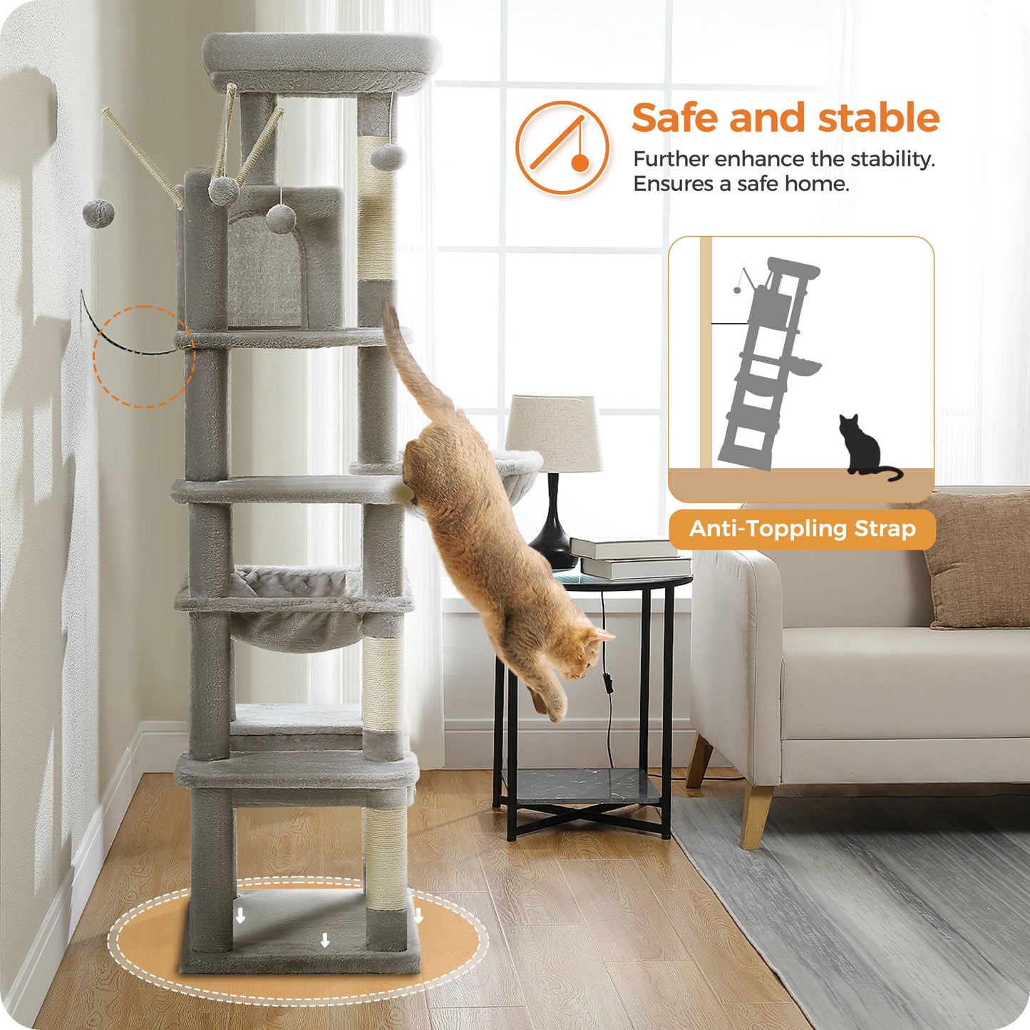 Kattenboom – Katten Klimmuur - Krabpaal - Kattenmeubel - met Hangmatten en Huisjes - 7-Laagse - 175cm - Sisal Krabpalen - Arbre a Chat - Grijs