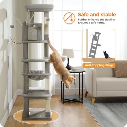 Kattenboom – Katten Klimmuur - Krabpaal - Kattenmeubel - met Hangmatten en Huisjes - 7-Laagse - 175cm - Sisal Krabpalen - Arbre a Chat - Beige