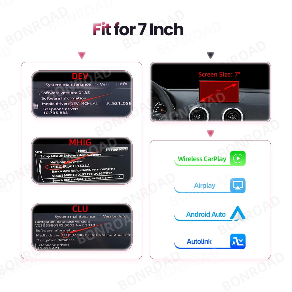 Draadloze CarPlay Adapter – Android Auto Interface – Mirror Link Module – AirPlay Receiver – Bluetooth Handsfree – Geschikt voor Audi A3 8V 2013-2018 – Plug & Play – 7 Inch Scherm - QUORE