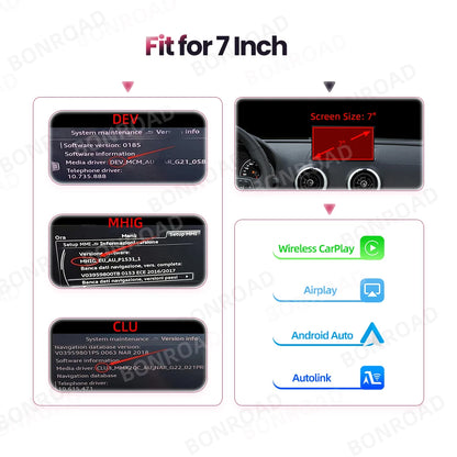 Draadloze CarPlay Adapter – Android Auto Interface – Mirror Link Module – AirPlay Receiver – Bluetooth Handsfree – Geschikt voor Audi A3 8V 2013-2018 – Plug & Play – 7 Inch Scherm - QUORE