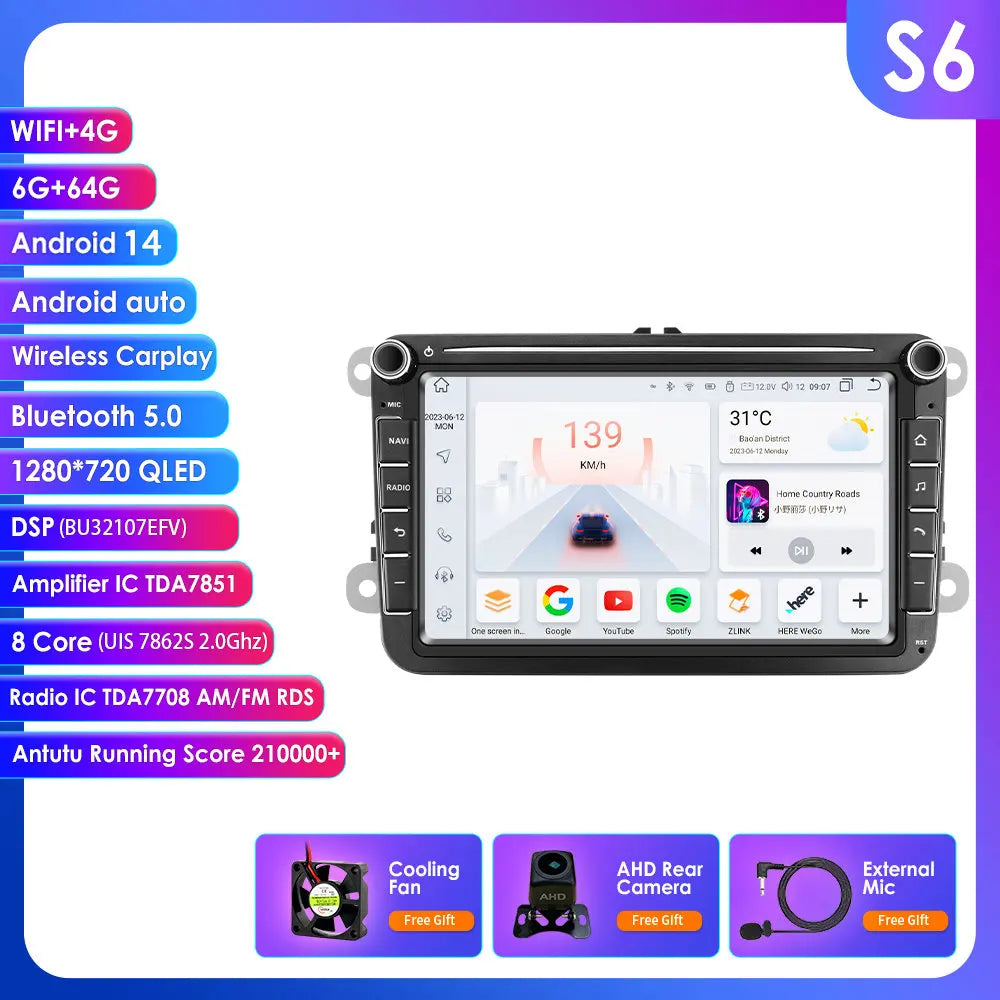 Multimedia Autoradio – Car Radio – Auto Stereo – Navigatiesysteem – Touchscreen Radio – Android 13/14 – 8 Inch QLED Scherm – CarPlay & Android Auto