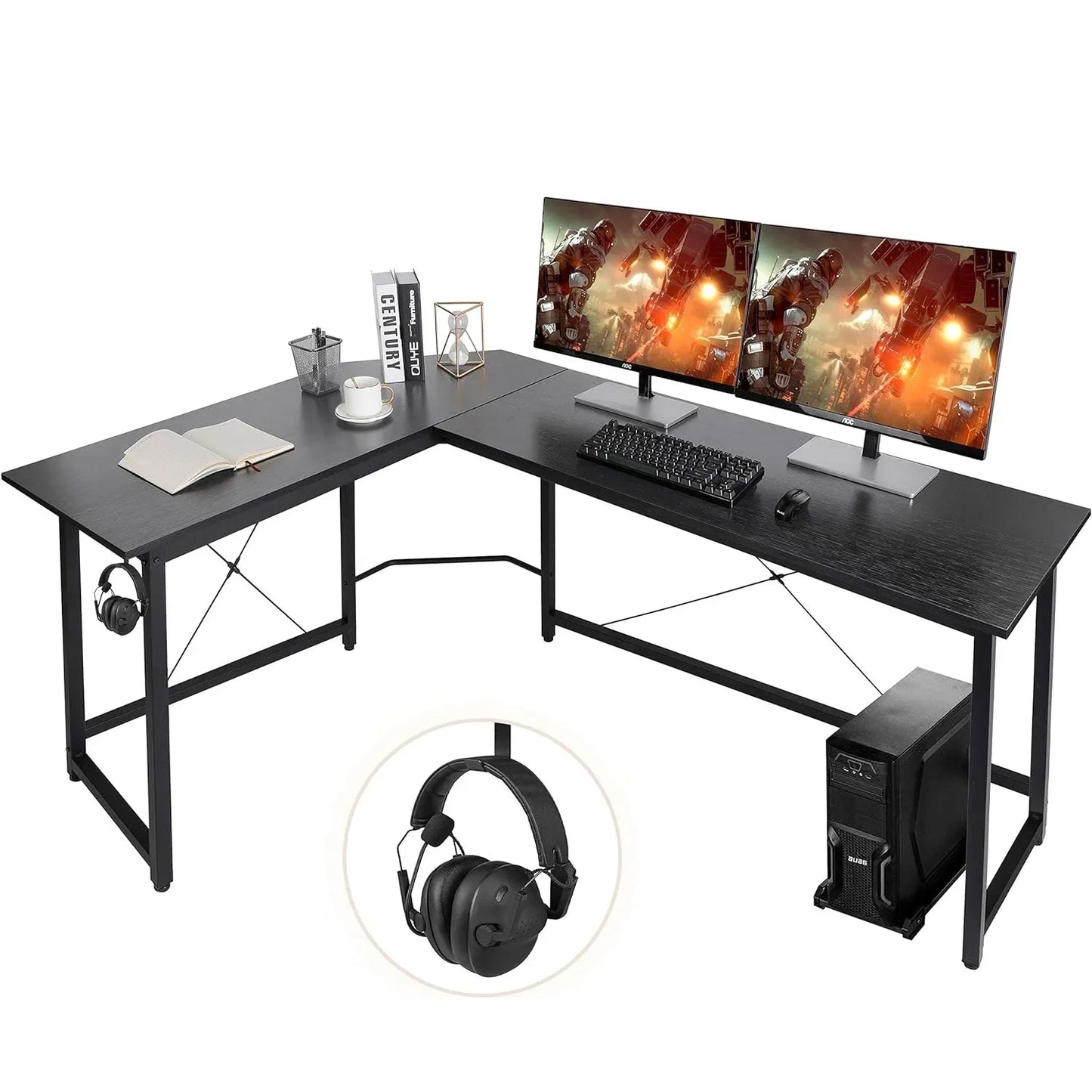 L-vormige Bureau - 170cm - Gaming - Werkstation Tafel - Bevestigingshaak - Stabiele Constructie - Metalen frame - 170x120 x75cm - Mahonie - QUORE