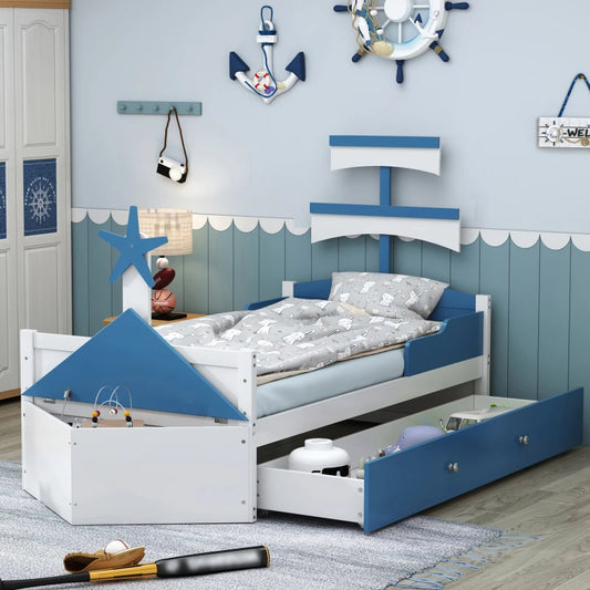 Houten kinderbed - Zeilbootvorm - Lades - Opbergkast Aan Het Einde Van Het Bed - Eenpersoonsbed - Blauw