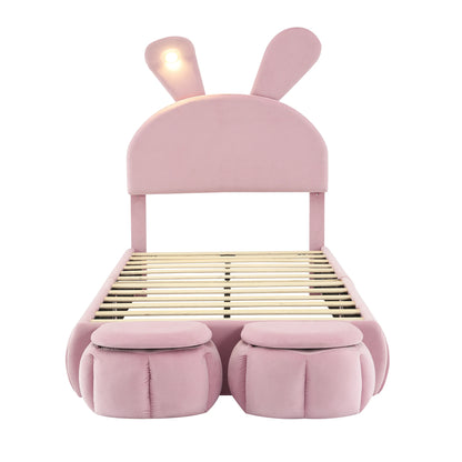 Kinderbed – Eenpersoonsbed – Jeugdbed – Slaapbank – Kinderbed met Lades – Roze Velvet Met Konijnenoren – Dimbare LED-Verlichting – 90x200 cm