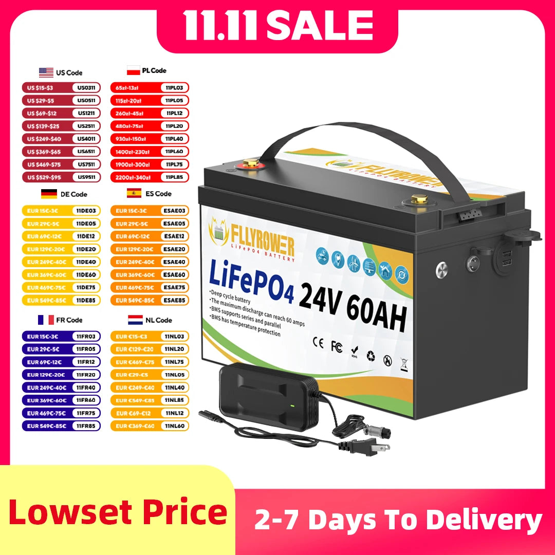 24V 60Ah LiFePO4 Accu – Lithium Batterij – Camper Accu – Solar Accu – Off-grid Accu – 60A BMS Bescherming – 8000+ Levenscycli