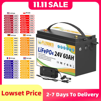 FLLYROWER 24V 60AH LiFePO4 Battery Pack With 60A BMS 8000+ Cycles For RV Campers Off-Road Off-grid Solar Wind Lithium Battery