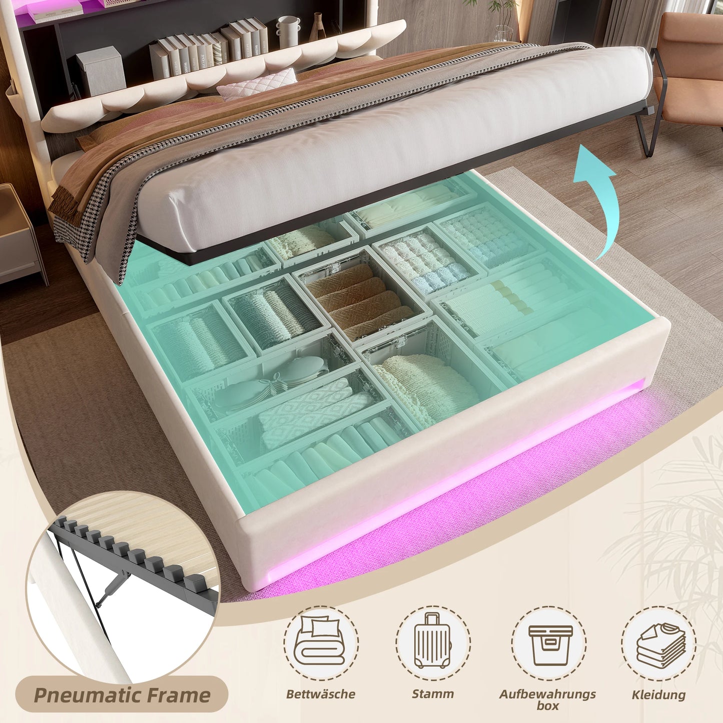 Bedframe 160x200 cm – Fluwelen Bed – Slaapkamerbed – Opbergbed – LED Bedframe – Ivoor – Verstelbaar Hoofdeinde Met LED – Extra Opbergruimte Met USB-Aansluiting