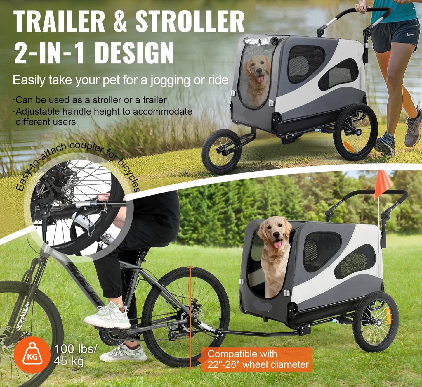 2 in 1 - Fietskar - Fietsaanhanger - Transportaanhanger - Kar - Huisdier Kinderwagen - met Vlag - Mesh-vensters - Draagkracht 45kg - Weerbestendig - Oxfordstof - Metalen frame - 81 x 56 x 60 cm - Zwart & Grijs